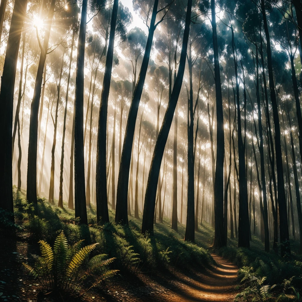 a lush eucalyptus forest, countless eucalyptus trees, view from a person's perspective, dark background forming the word "RASO", realistic, photorealistic, 8k, extremely detailed, masterpiece, vibrant colors, warm lighting, cinematic composition, dramatic shadows, volumetric fog, mystical atmosphere, surreal elements