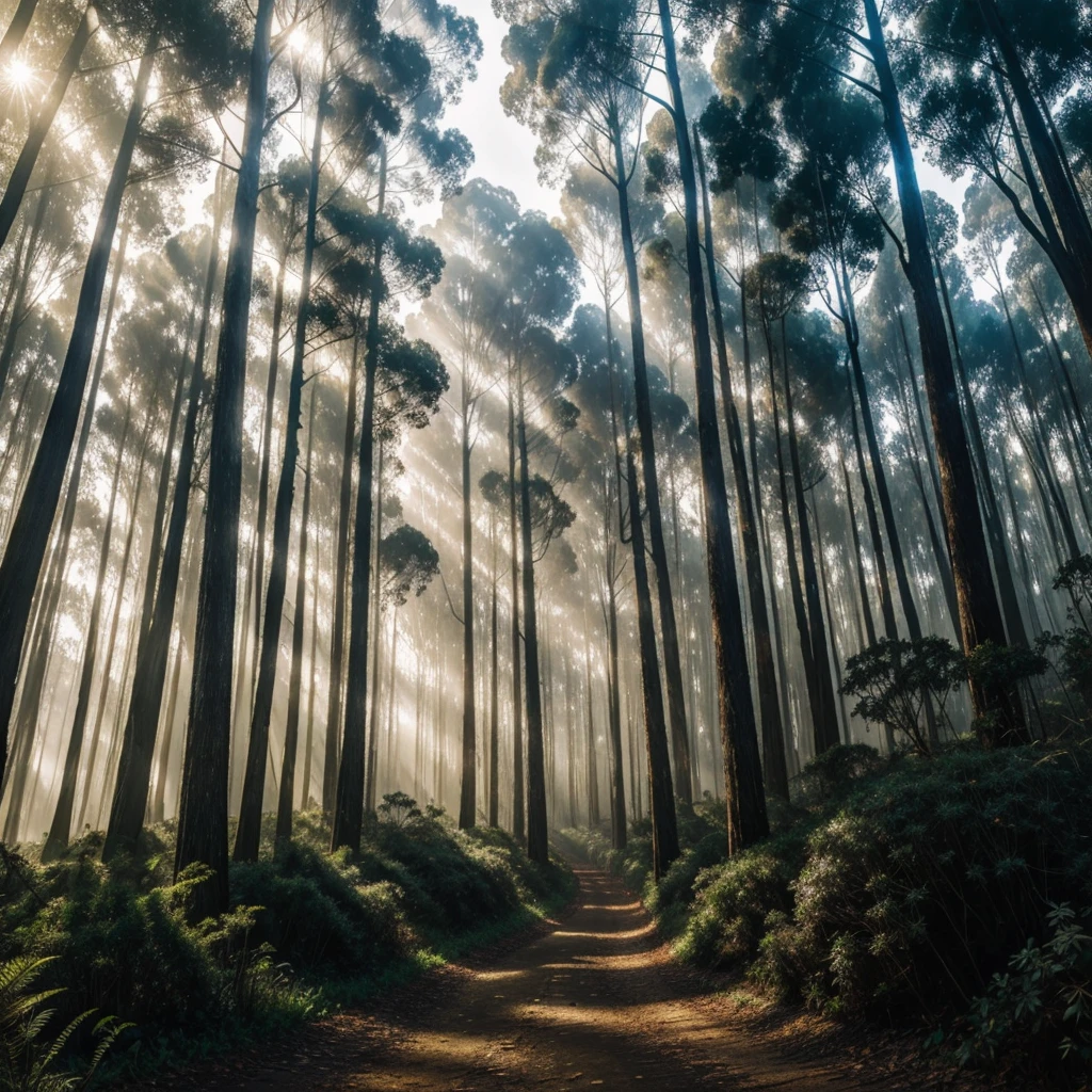 a lush eucalyptus forest, countless eucalyptus trees, view from a person's perspective, dark background forming the word "RASO", realistic, photorealistic, 8k, extremely detailed, masterpiece, vibrant colors, warm lighting, cinematic composition, dramatic shadows, volumetric fog, mystical atmosphere, surreal elements