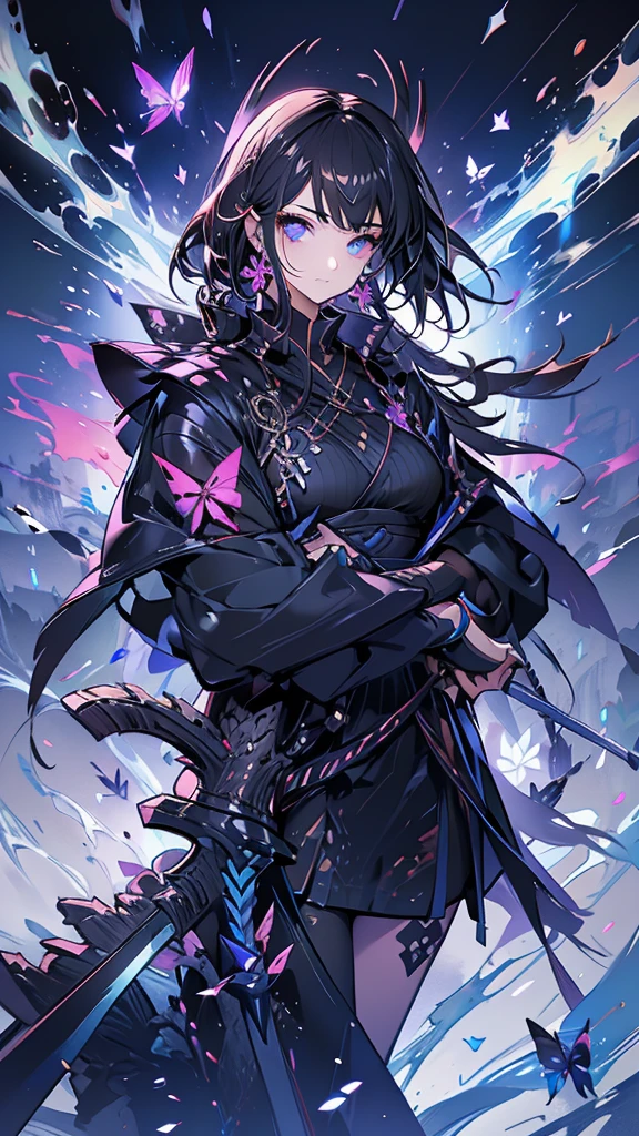 (White heir Shot heir Whole body)
((Girl Have a Sword))
Death Clothes Dress 
((Grim Reaper A Girl))
(((Black Butterfly On the Hand)))
Eyes color Neon Pink
Shiny earrings　Bathed in light  
Fire Aura
Catch the wind Ligh