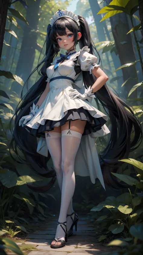cute small girl atomically correct whole body in a white dress with long black hair and blue eyes, Hestia, twintails, white glov...