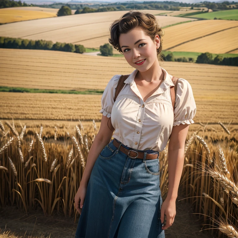 Retro Cam. Mary Ingalls, wheat field, farm girl, pin-up, vintage, 2, perfect body, 40's, perspective, half body detail, sharp focus, light mix, detail, 50's, (high skin detail: 1,2), 8k hd, Wallpaper, DSLR, Luz outfit, high quality, Fujifilm XT3 Grainy Films.