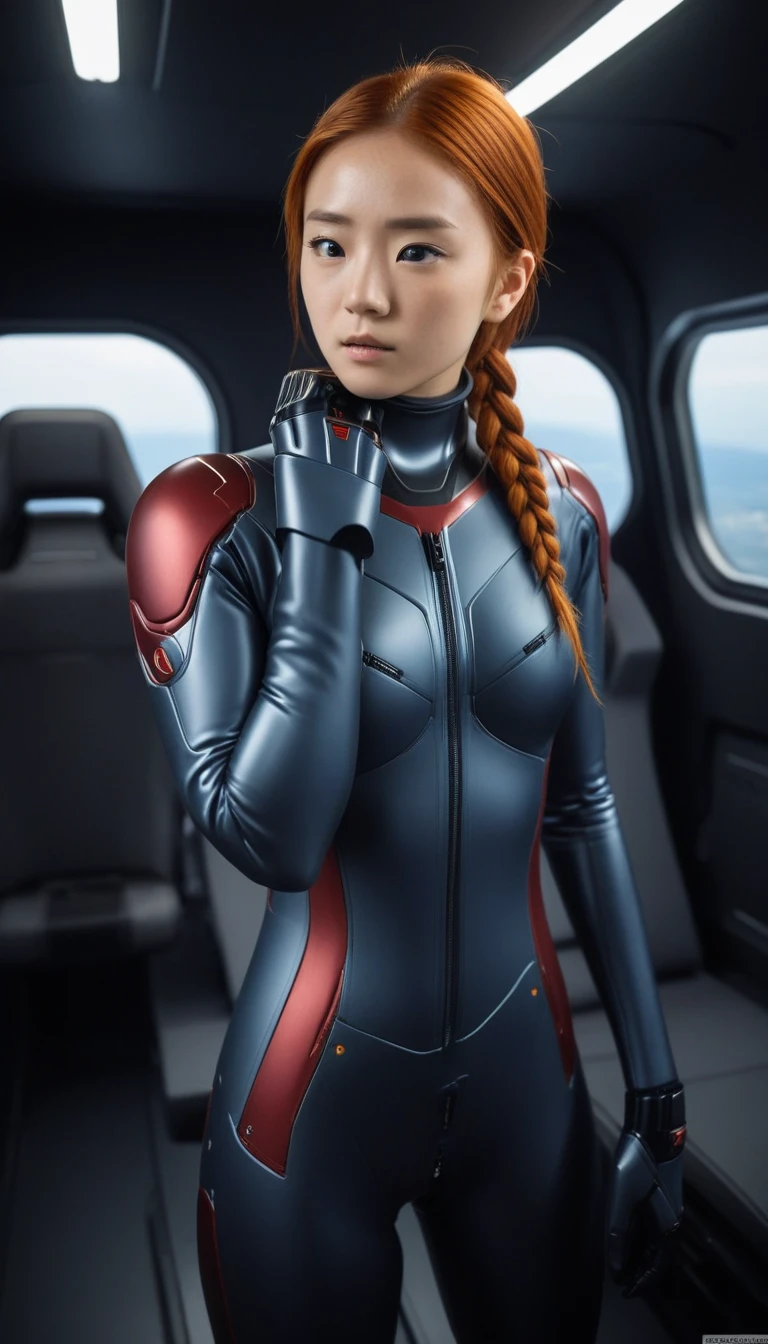 1 Girl、Medium Bust、solo、red Hair、Braid、Mobile Race Suit、Shoulder Armor、ceiling、Wide Shot、Looking Ahead、zipup suit 、Closed Mouth、Highest quality、medium quality、22 years old、Mobile Trace System、cockpit、Asian、
