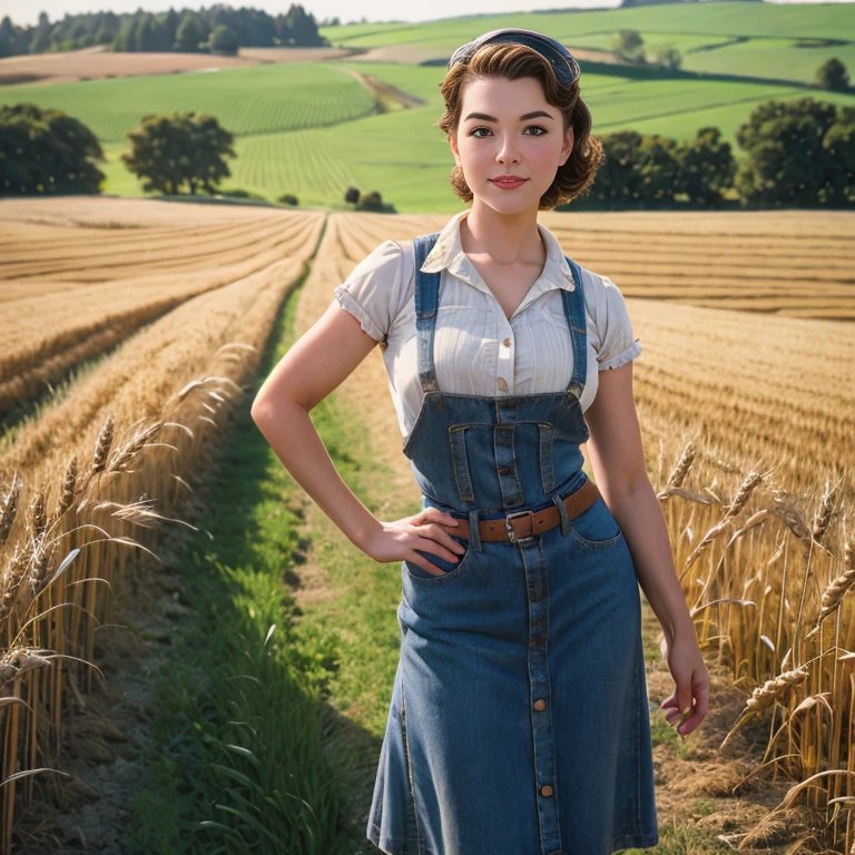 Retro Cam. Mary Ingalls, wheat field, farm girl, pin-up, vintage, 2, perfect body, 40's, perspective, half body detail, sharp focus, light mix, detail, 50's, (high skin detail: 1,2), 8k hd, Wallpaper, DSLR, Luz outfit, high quality, Fujifilm XT3 Grainy Films.