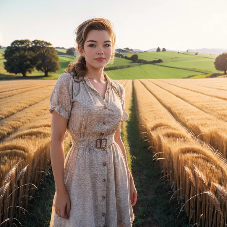 Retro Cam. Mary Ingalls, wheat field, farm girl, pin-up, vintage, 2, perfect body, 40's, perspective, half body detail, sharp focus, light mix, detail, 50's, (high skin detail: 1,2), 8k hd, Wallpaper, DSLR, Luz outfit, high quality, Fujifilm XT3 Grainy Films.