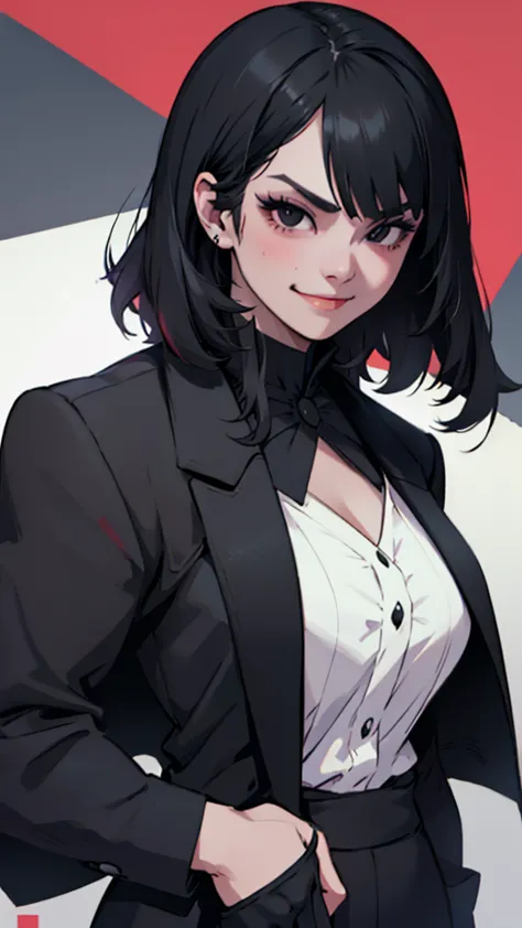 High detailed, 1 woman, solo, Black eyes, split-color hair, big buson, chunky, formal Black tuxedo, angry smile, looking to them...