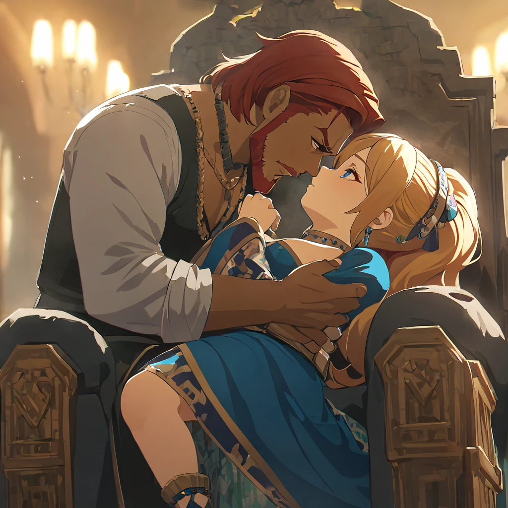 ((Highest quality)), ((masterpiece)), (detailed), （Perfect Face）、The woman is Queen Zelda of the Gerudo tribe, she has blonde hair, blue eyes, wears the gorgeous dress of the Gerudo queen, and loves the man dearly.、The man is a dignified, middle-aged man of the Gerudo tribe, bearded, muscular, red-haired, dark-skinned King Ganondorf, king of the Gerudo tribe, dressed in the luxurious clothing of the Gerudo king, and loving women.、A man and woman are kissing close together on the luxurious throne of the Gerudo royal family.、A queen and a king in love、The woman has red hair and is holding a brown-skinned baby.