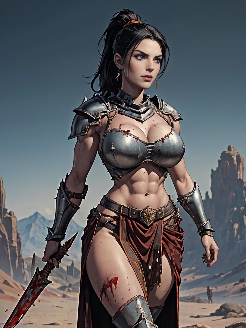 (masterpiece, top quality, best quality, official art, beautiful and aesthetic:1.2), (1girl:1.3), ((Sharp facial features, sharp features, hawkish features)), ((pale skin, orange eyes, big hair, long black hair, ponytail)), big tiddy chaos warrior girl, extremely detailed, portrait, looking at viewer, solo, (full body:0.6), detailed background, full-body shot, (hot desert mountain theme:1.1), chaos warrior, (spiky helmet), charlatan, smirk, mysterious, swaying in mountains, armor, red metal, brass trim, long boots, blood red fabric, pelvic curtain, loincloth, black leather, ((((spear, heavy armor, blood, blood splatter, armored, gigantic breasts, long legs, pelvic curtain, toned, muscular)))), cute belly button, toned tummy, slim waist, slim hips, long legs, medieval (mountain exterior:1.1) background, dark mysterious lighting, shadows, magical atmosphere, dutch angle