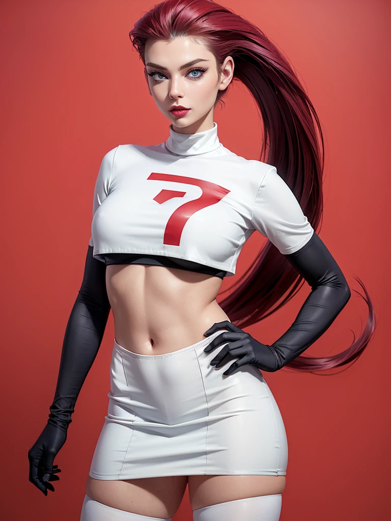 gorgeous girl in sexy standing, ((hair slicked back, long hair,)), large blue eyes, red lip gloss, perfect body, team rocket ,team rocket uniform ,white skirt,crop top,thighhighs,elbow gloves, masterpiece, highres, ((plain background:1.3))