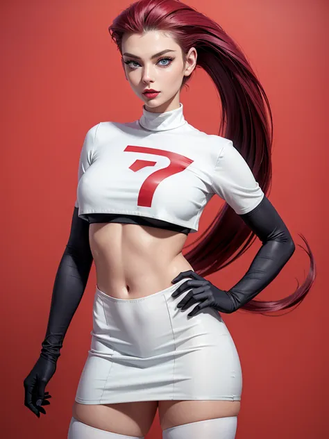 gorgeous girl in sexy standing, ((hair slicked back, long hair,)), large blue eyes, red lip gloss, perfect body, team rocket ,te...