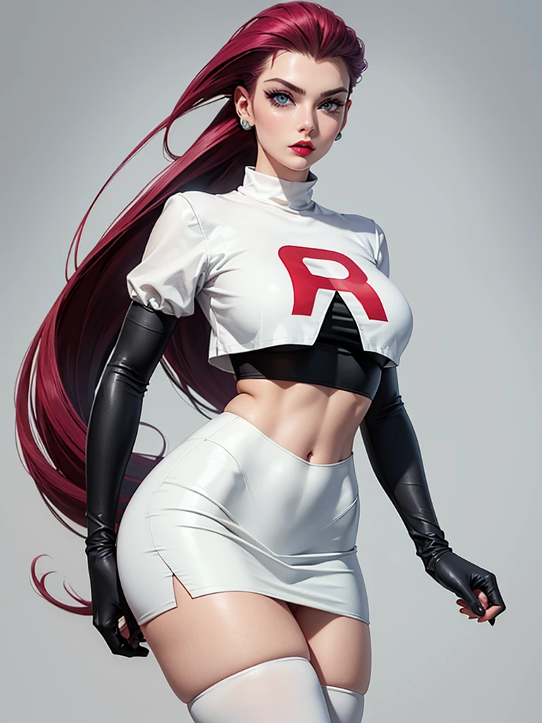 gorgeous girl in sexy standing, ((hair slicked back, long hair,)), large blue eyes, red lip gloss, perfect body, team rocket ,team rocket uniform ,white skirt,crop top,thighhighs,elbow gloves, masterpiece, highres, ((plain background:1.3))