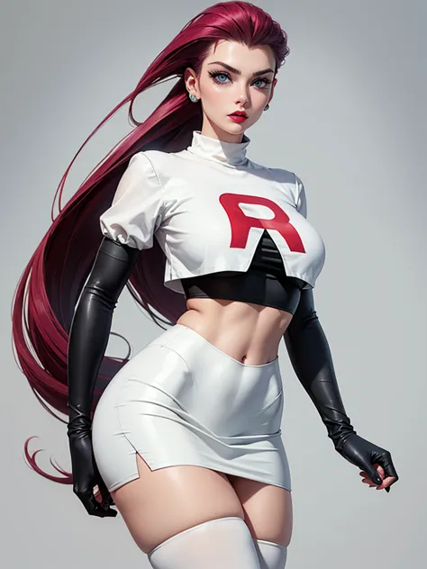 gorgeous girl in sexy standing, ((hair slicked back, long hair,)), large blue eyes, red lip gloss, perfect body, team rocket ,te...