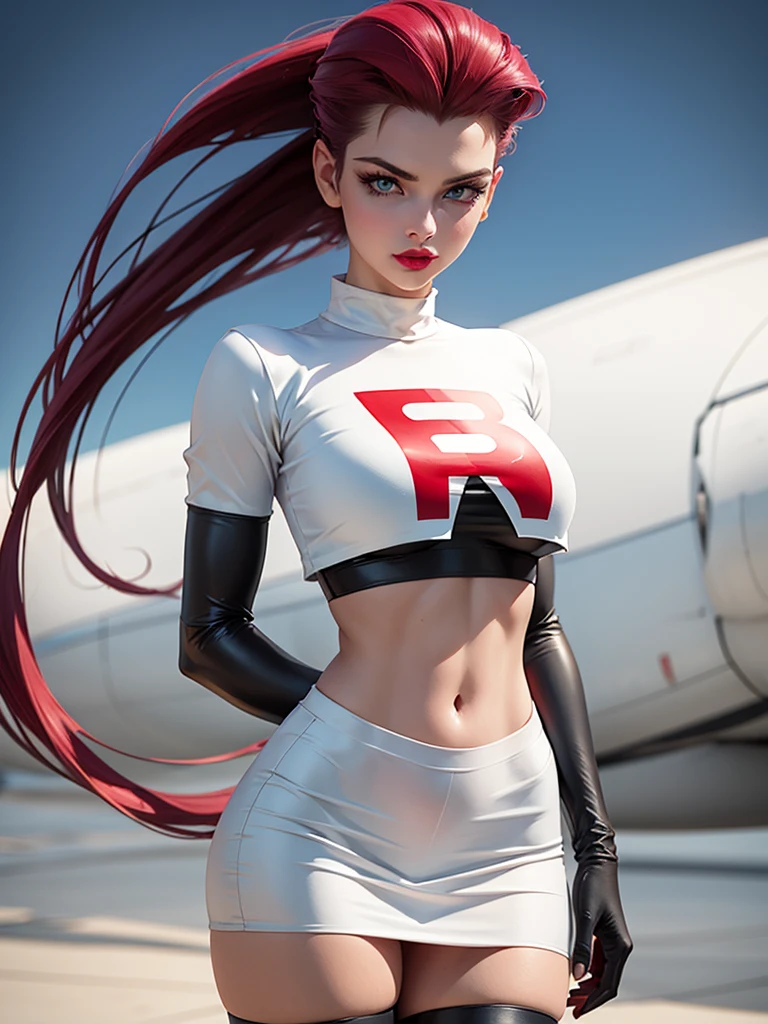 gorgeous girl in sexy standing, ((hair slicked back, long hair,)), large blue eyes, red lip gloss, perfect body, team rocket ,team rocket uniform ,white skirt,crop top,thighhighs,elbow gloves, masterpiece, highres, ((plain background:1.3))