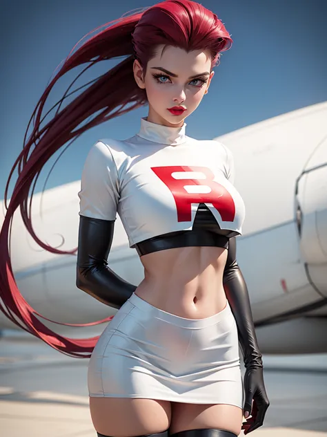 gorgeous girl in sexy standing, ((hair slicked back, long hair,)), large blue eyes, red lip gloss, perfect body, team rocket ,te...