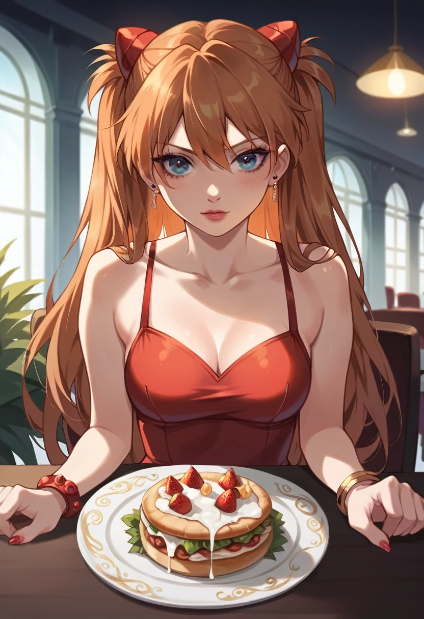 Highest quality, masterpiece, Anime Girls , Young girl, 24-years-old , One girl, bangs, Long Hair, Perfect body form, Perfect Shot, Perfect Anatomy, figure, Digital Art, Realistic, 4K, throw , Red dress, Sitting, dinner, elegant, date, Delicious food, bracelet, jewelry, table, First Person View, eye contact, Focus on your audience, Canglong_Asuka_Langley