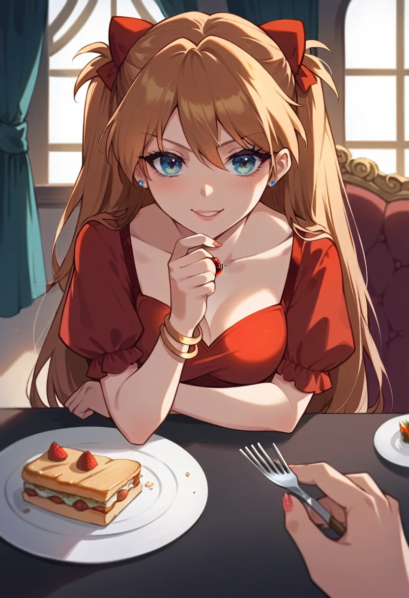 Highest quality, masterpiece, Anime Girls , Young girl, 24-years-old , One girl, bangs, Long Hair, Perfect body form, Perfect Shot, Perfect Anatomy, figure, Digital Art, Realistic, 4K, throw , Red dress, Sitting, dinner, elegant, date, Delicious food, bracelet, jewelry, table, First Person View, eye contact, Focus on your audience, Canglong_Asuka_Langley