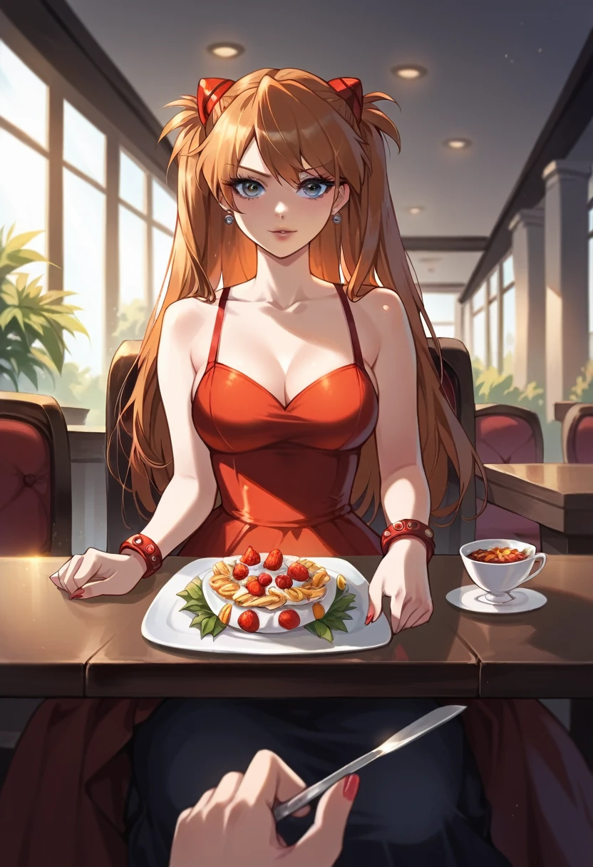 Highest quality, masterpiece, Anime Girls , Young girl, 24-years-old , One girl, bangs, Long Hair, Perfect body form, Perfect Shot, Perfect Anatomy, figure, Digital Art, Realistic, 4K, throw , Red dress, Sitting, dinner, elegant, date, Delicious food, bracelet, jewelry, table, First Person View, eye contact, Focus on your audience, Canglong_Asuka_Langley