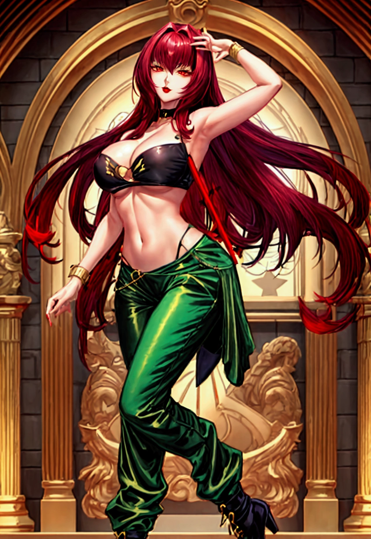 Large breasts,female 、Scathach, girl, (masterpiece: 1.1), (highest quality: 1.1), Sexy korean idol girl, red hair, kpop outfit, black top (star shape), green pants  joggers, black militar boots, long hair, red hair, yellow eyes, red lips, sexy pose, dancing, full body.