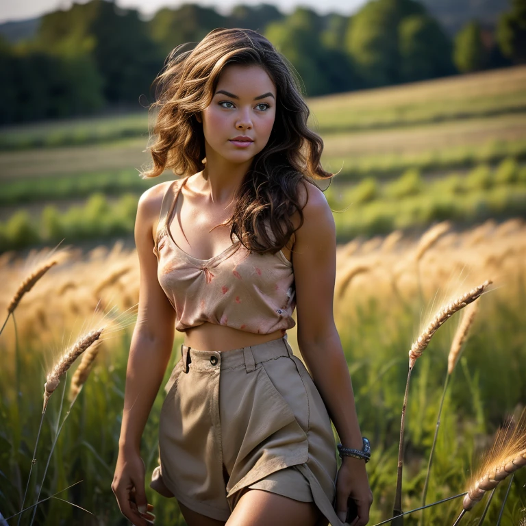 Retro Cam. Melissa Sue Anderson, walking through wheat, countrywoman, pin-up, vintage, 2, perfect body, 40's, perspective, half body detail, sharp focus, light mix, detail, 50's, (high skin detail: 1,2), 8k hd, Wallpaper, DSLR, Luz outfit, high quality, Fujifilm XT3 Grainy Films.