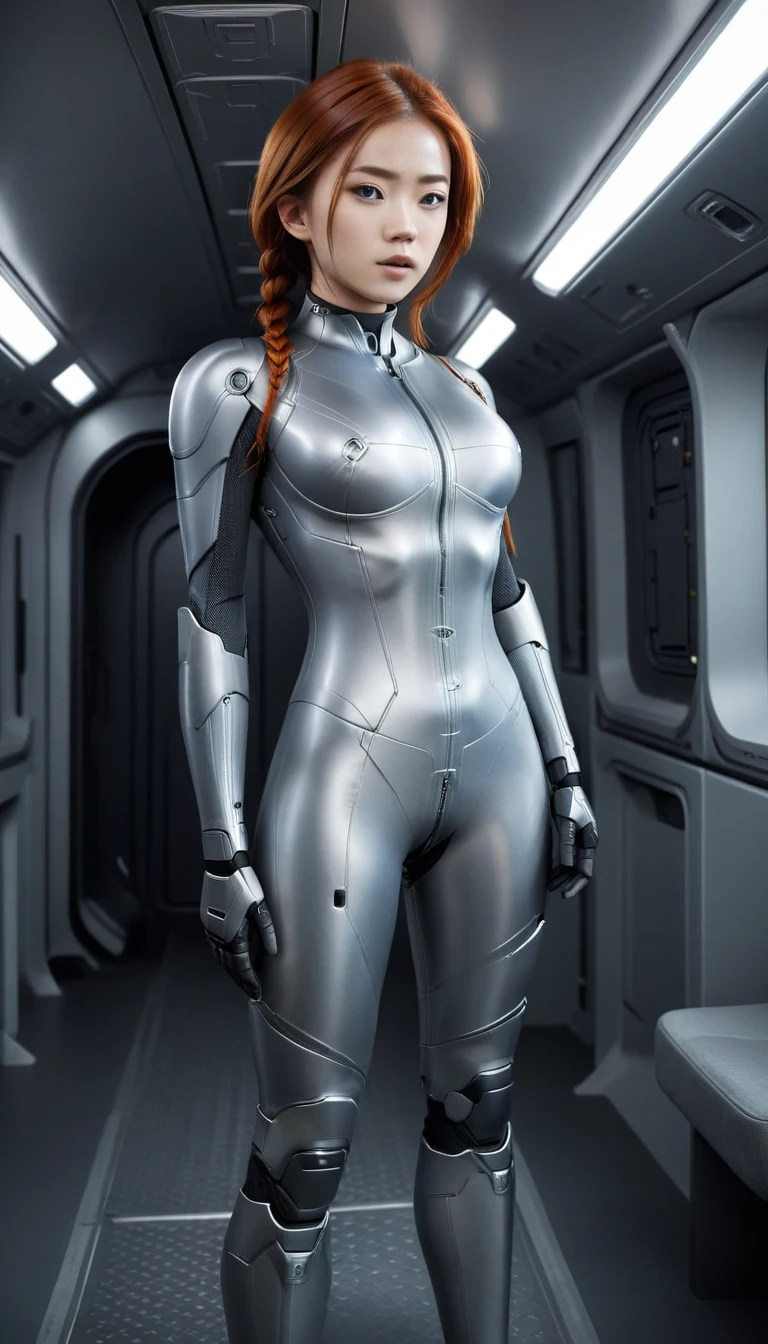 1 Girl、Medium Bust、solo、red Hair、Braid、Mobile Race Suit、Shoulder Armor、ceiling、Wide Shot、Looking Ahead、zipup suit 、Closed Mouth、Highest quality、medium quality、22 years old、Mobile Trace System、cockpit、Asian、
