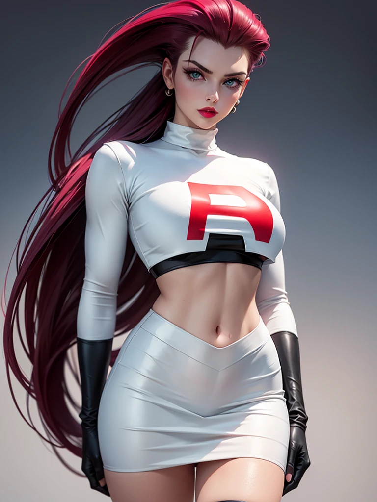 gorgeous girl in sexy standing, ((hair slicked back, long hair,)), large blue eyes, red lip gloss, perfect body, team rocket ,team rocket uniform ,white skirt,crop top,thighhighs,elbow gloves, masterpiece, highres, ((plain background:1.3))