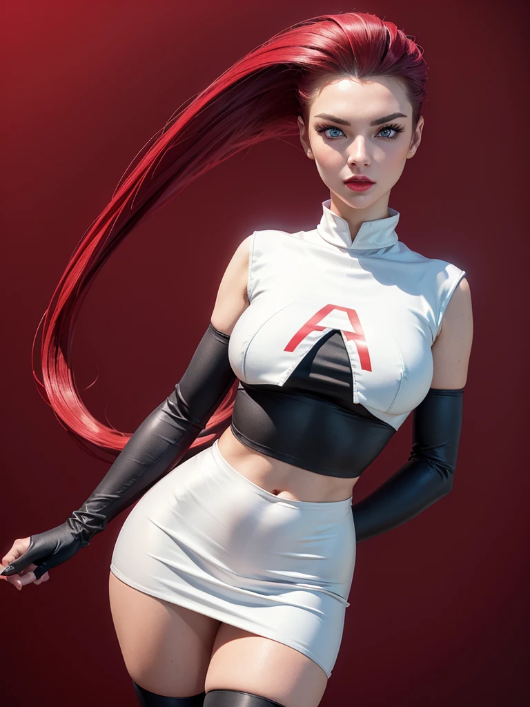 gorgeous girl in sexy standing, ((hair slicked back, long hair,)), large blue eyes, red lip gloss, perfect body, team rocket ,team rocket uniform ,white skirt,crop top,thighhighs,elbow gloves, masterpiece, highres, ((plain background:1.3))