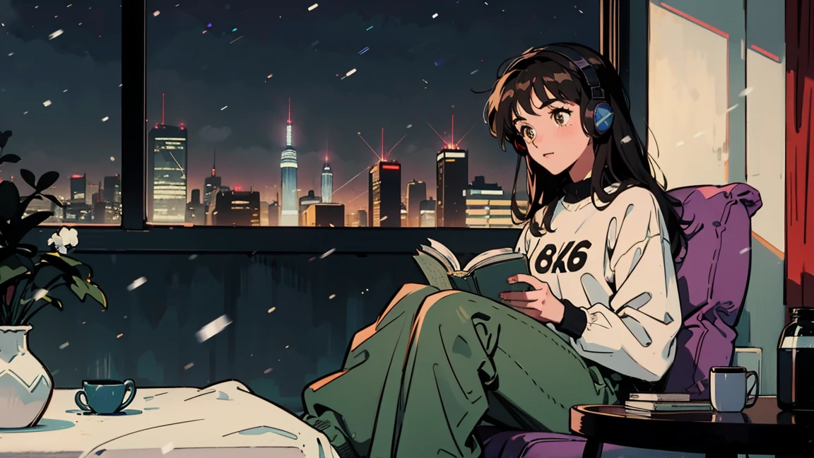 best quality, 8K, 1990s style,2010s hairstyles, 21 year old girl, black hair, long hair, light brown eyes, skin as white as snow, city pop,Crow, pants, in the room,night view, wearing headphones,reading a book, whole body, sitting on bed, relax coffee,table,confection,Looking at me
