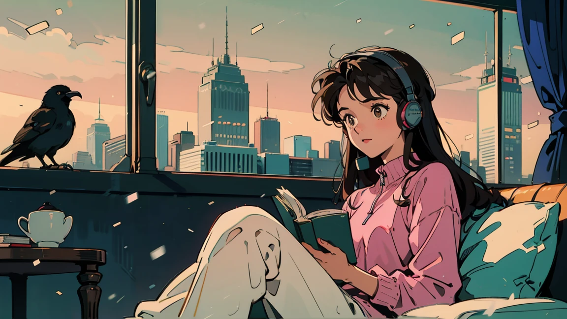 best quality, 8K, 1990s style,2010s hairstyles, 21 year old girl, black hair, long hair, light brown eyes, skin as white as snow, city pop,Crow, pants, in the room,night view, wearing headphones,reading a book, whole body, sitting on bed, relax coffee,table,confection,Looking at me
