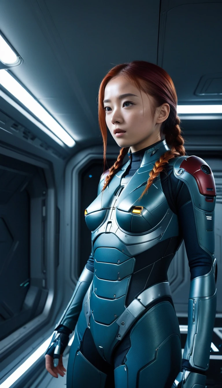 1 Girl、Medium Bust、solo、red Hair、Braid、Mobile Race Suit、Shoulder Armor、ceiling、Wide Shot、Looking Ahead、zipup suit 、Closed Mouth、Highest quality、medium quality、22 years old、Mobile Trace System、cockpit、Asian、
