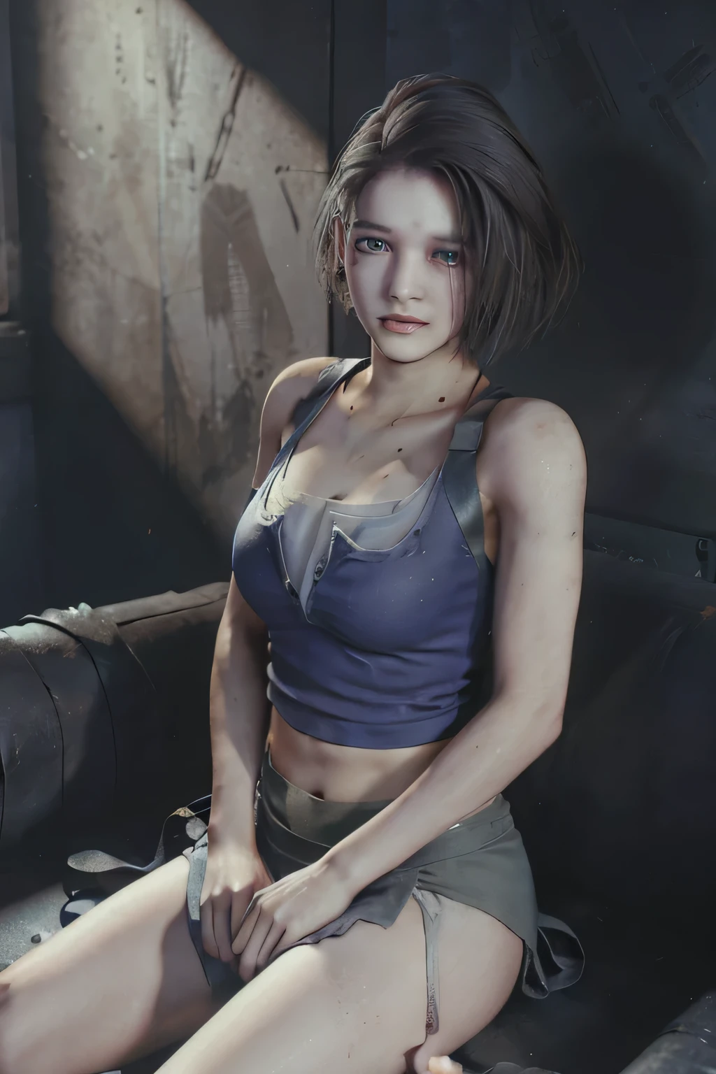 Jill Valentine,Small breasts,Natural light, masterpiece, Very detailedな,Absurd,Highest quality,Very detailed,Detailed face,Particles of light, Lighting, (Very detailed:1.2),(Detailed face:1.2), (Gradation), software, colorful,(Beautiful Eyes:1.2),basement,Lace panties with ribbon, (Sit with your legs apart,),Photo taken from the front,Age 25,((Sexy panties peeking out from a mini skirt))