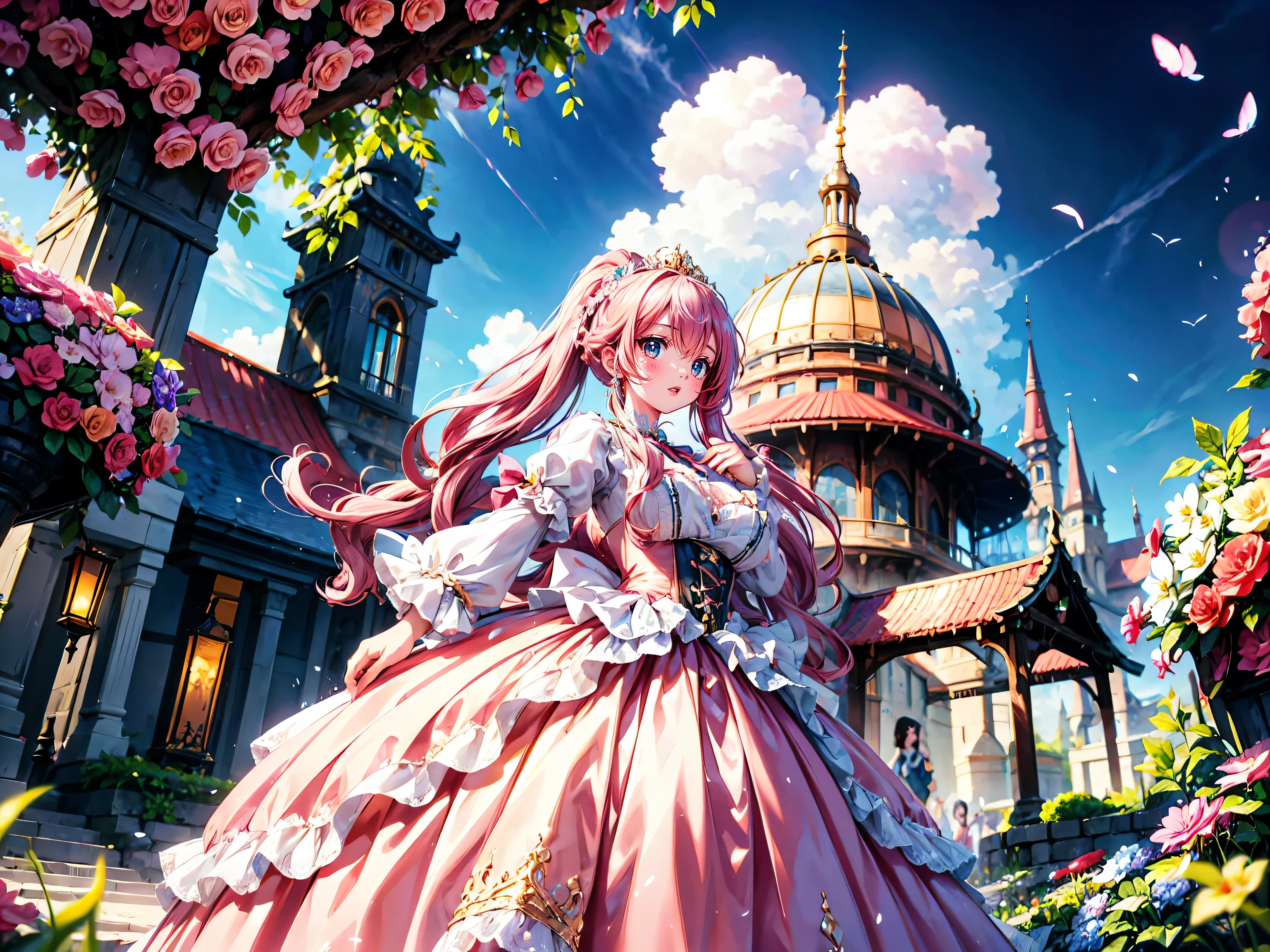 anime moe art style, ((Masterpiece, ultra detailed, exquisite quality)), (((young face solo princess))), (dress light yellow dress), (((ultra elaborate gorgeous rococo victorian gown with voluminous hoopskirt and long hems and lot of frills and pleats dense lace and cute ribbon, princess style skirt, ultra lovely gown))), (((hair pink hair))), ((fluffy long ponytail)), (Expressive very voluminous hair), ((huge breasts)), breasts cleavage, (((leaning forward, looking up, from above, front view))), super delicate face, kawaii face, (hyper detail delicate eyes, hyper beautiful eyes), (eyes blue eyes), (((So lot's of colorful flowers))), ((face focus, eyes focus, blurry background:1.5)), (isometric 3D:1.3), particle effect,