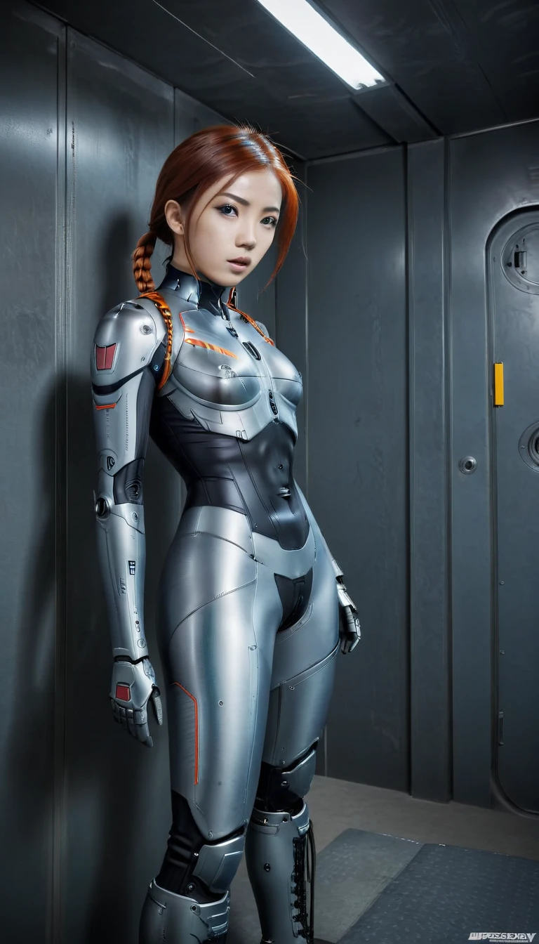 1 Girl、Medium Bust、solo、red Hair、Braid、Mobile Race Suit、Shoulder Armor、ceiling、Wide Shot、Looking Ahead、zipup suit 、Closed Mouth、Highest quality、medium quality、22 years old、Mobile Trace System、cockpit、Asian、CyborgCosplay

