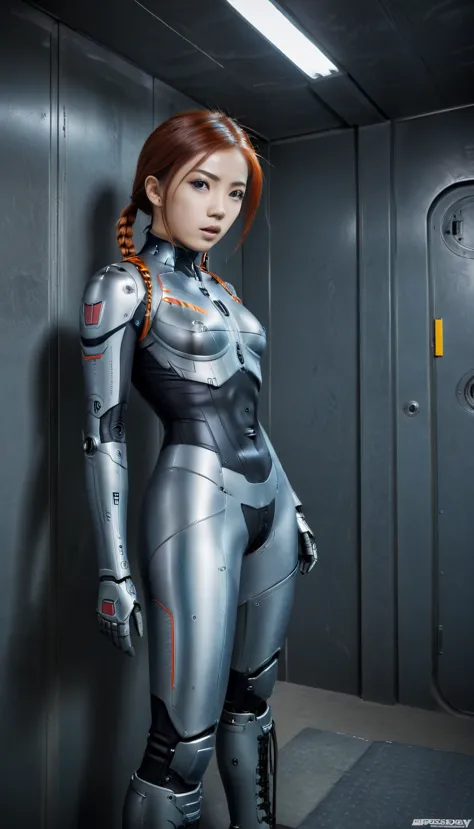 1 girl、medium bust、solo、red hair、braid、mobile race suit、shoulder armor、ceiling、wide shot、looking ahead、zipup suit 、closed mouth、...