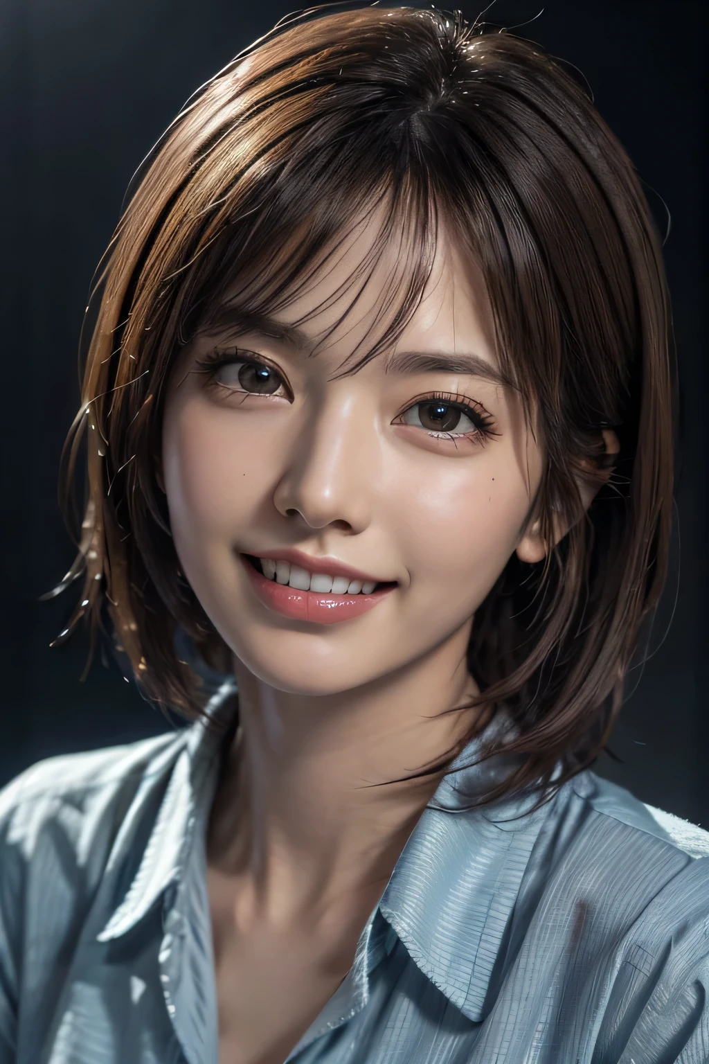 ((masterpiece)), ((Highest quality)), ((Complex)), ((Surreal)), (Realistic), (Mature Woman), ((There are no classes)), Very detailed, (1 female), Beautiful and exquisite, (Beautiful Teeth), Grin, Brunette Bob Hair, Brown eyes, ((blouse)), (Upper Body), (background:none), Perfect Eyes, Captivating eyes, Looking at the audience