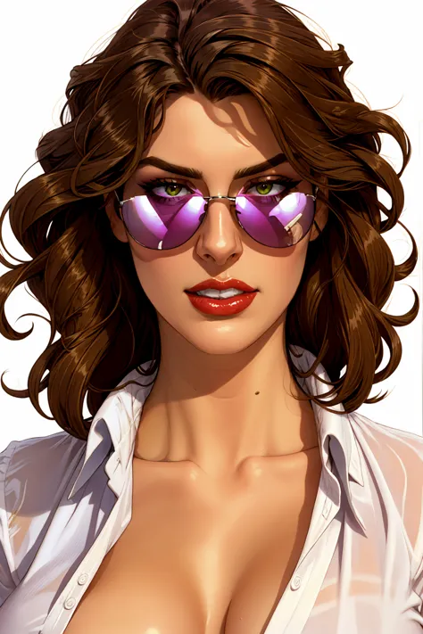 a long curling brown hair beauty, wearing a sunglass, wearing a white unbutton shirt, white background, glossy red lip, wildly a...
