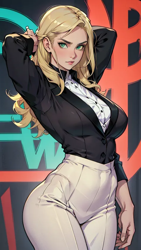 high detailed, 1 woman, solo, green eyes, pale blondie hair, curly fringe, big buson, chunky, round hips, formal black tuxedo, b...