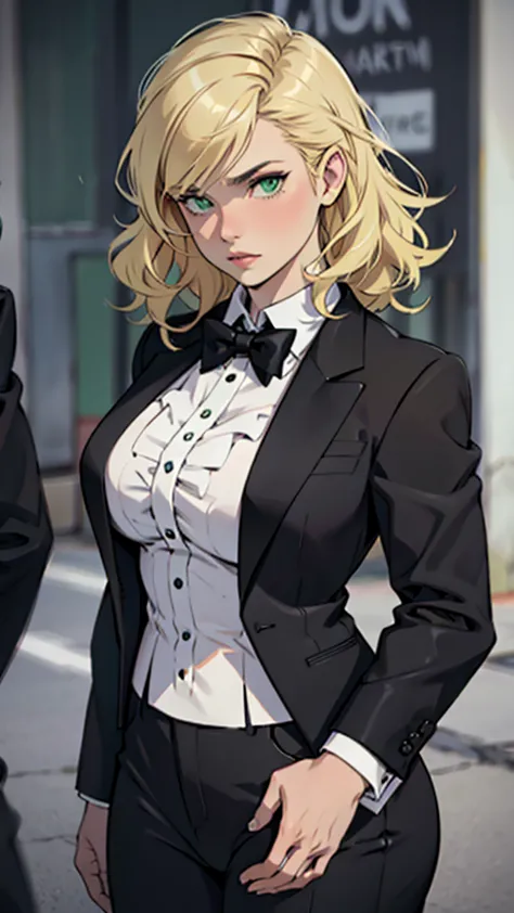 high detailed, 1 woman, solo, green eyes, pale blondie hair, curly fringe, big buson, chunky, round hips, formal black tuxedo, b...