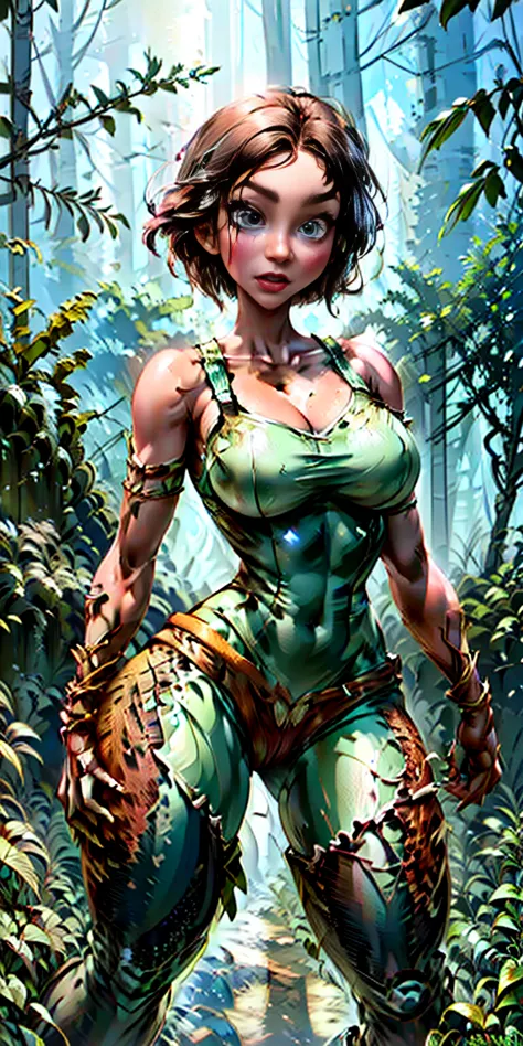 nstreantwow, brown skin, green eyes, glowing eyes, green hair, short hair, moss-covered wooden skin, rugged cyborg, wooden gears...