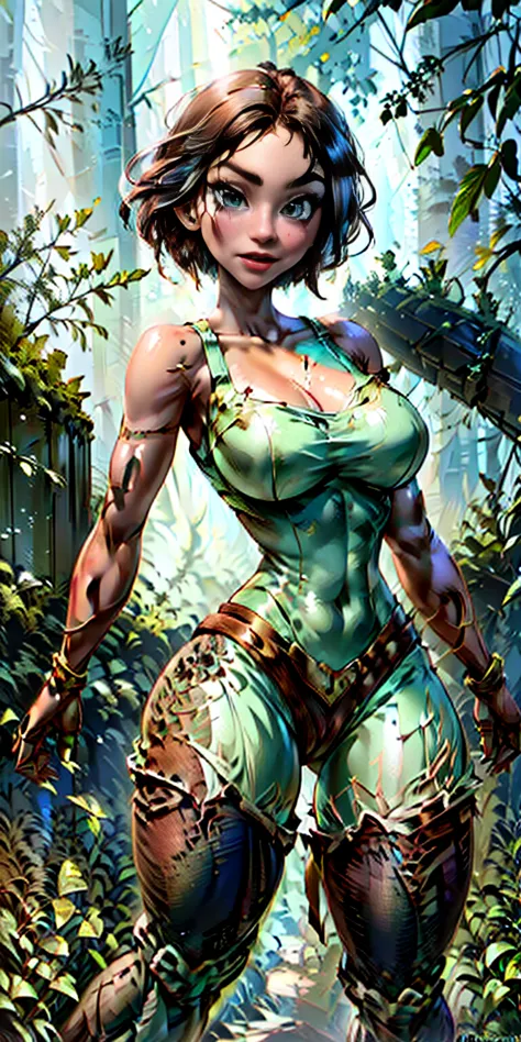 nstreantwow, brown skin, green eyes, glowing eyes, green hair, short hair, moss-covered wooden skin, rugged cyborg, wooden gears...