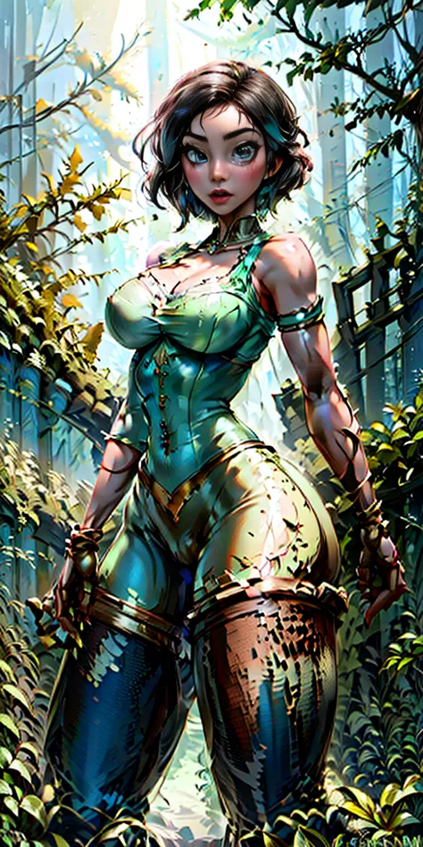 nstreantwow, brown skin, green eyes, glowing eyes, green hair, short hair, moss-covered wooden skin, rugged cyborg, wooden gears...