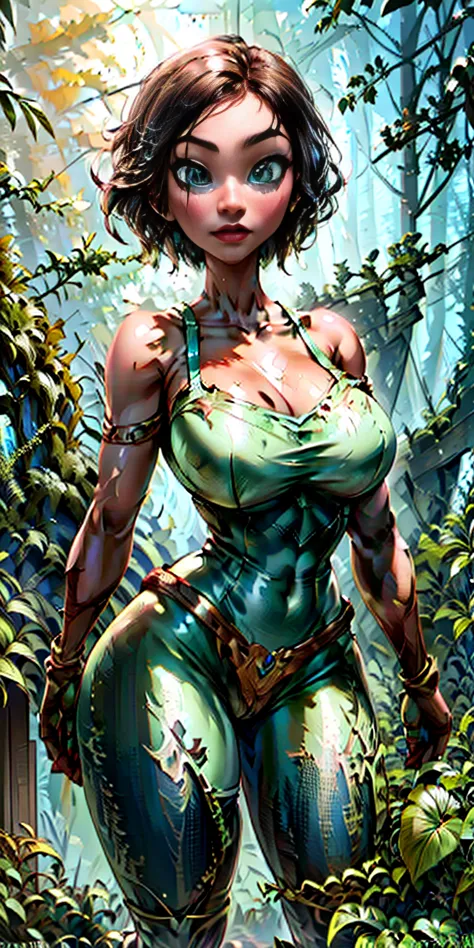 nstreantwow, brown skin, green eyes, glowing eyes, green hair, short hair, moss-covered wooden skin, rugged cyborg, wooden gears...