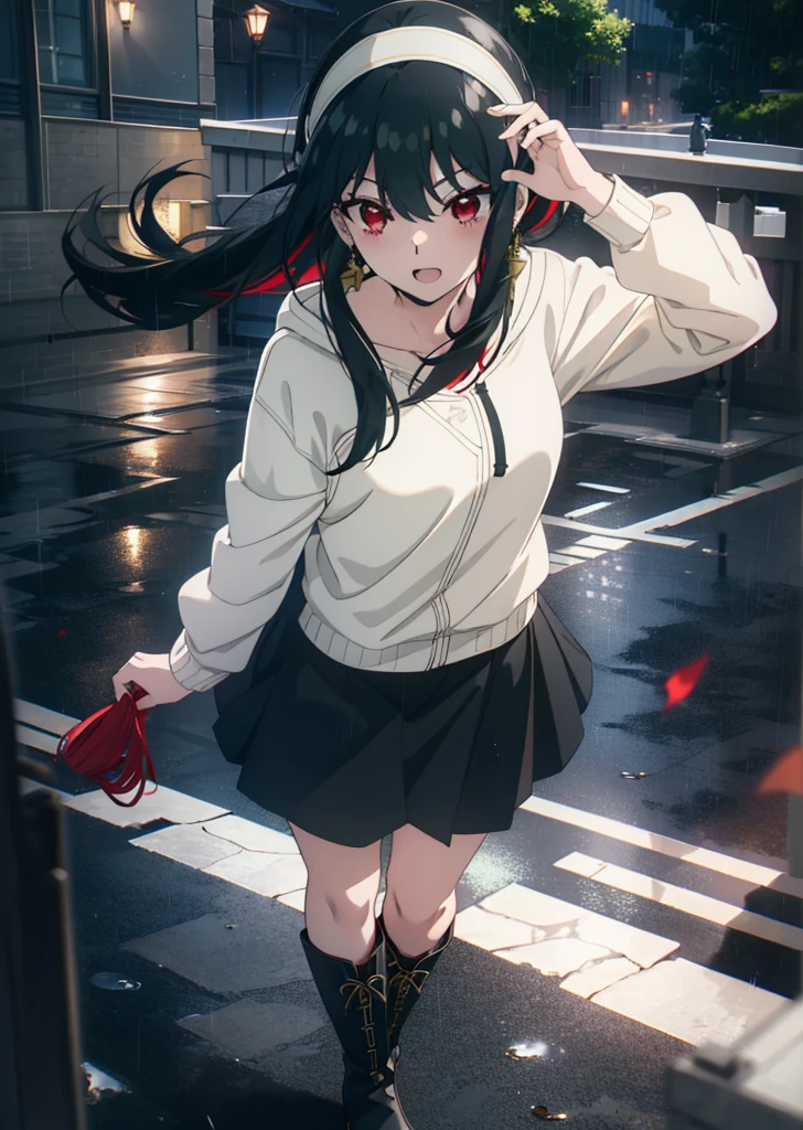 Yorbraia, Yor Briar, Black Hair, (Red eyes:1.5), Earrings, gold hair band, hair band,, Long Hair, Side Lock, (Medium chest:1.2),happy smile, smile, Open your mouth,blush,Oversized black hoodie,Long skirt,short boots,,Walking,rain,noon,cloudy,whole bodyがイラストに入るように,
break outdoors,Alley,
break looking at viewer, whole body,
break (masterpiece:1.2), Highest quality, High resolution, unity 8k wallpaper, (figure:0.8), (Beautiful attention to detail:1.6), Highly detailed face, Perfect lighting, Highly detailed CG, (Perfect hands, Perfect Anatomy),