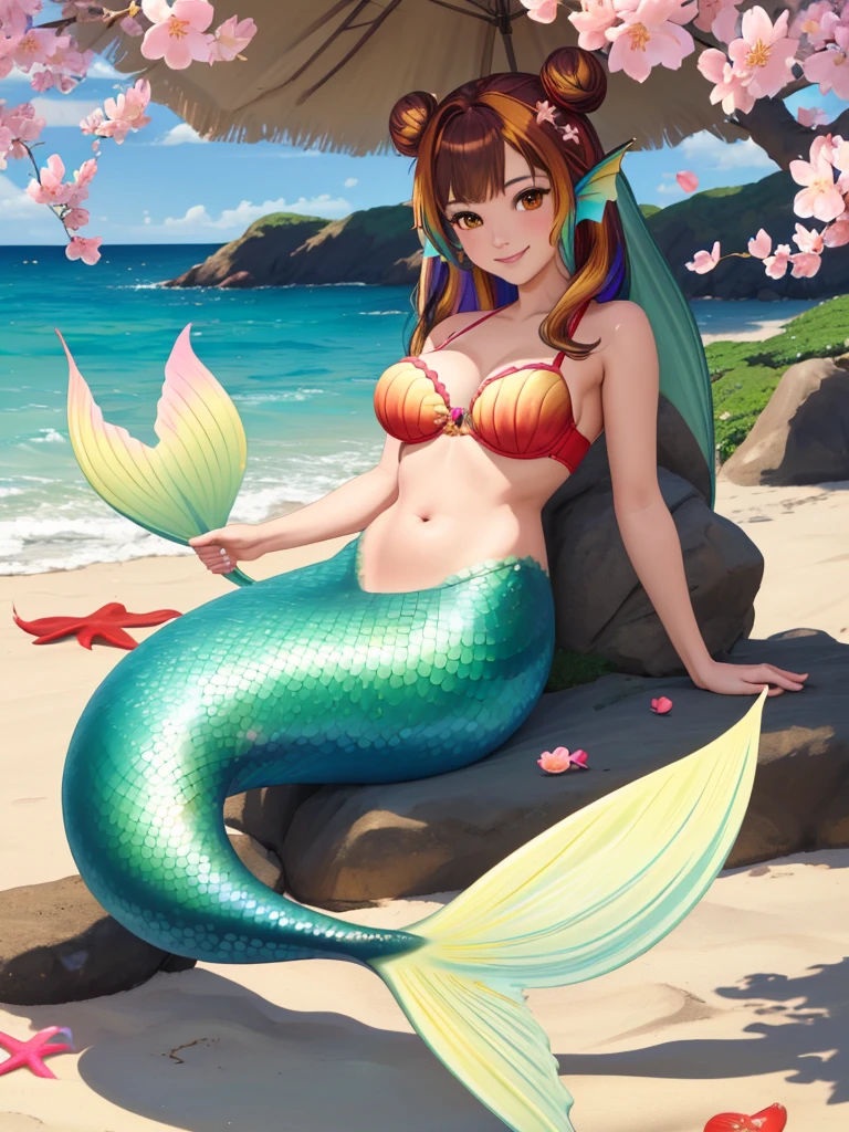 masterpiece, best quality:1.2), 1girl, smile, looking at viewer, brown hair in one bun with hair sticks, golden eyes, multicolored hair, mermaid, multicolored golden mermaid tail, laying on beach, fin ears, head fins, seashell bra, under cherry blossoms