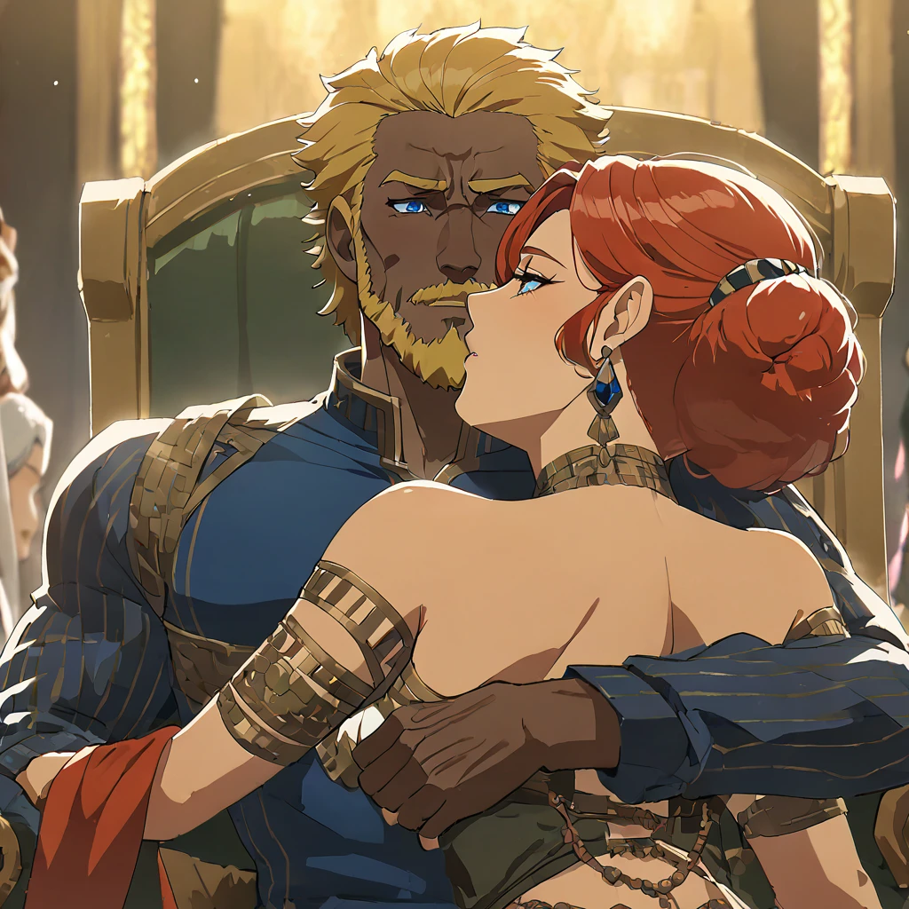 ((Highest quality)), ((masterpiece)), (detailed), （Perfect Face）、The woman is Queen Zelda of the Gerudo tribe, with blonde hair and blue eyes, and is wearing the luxurious dress of the Gerudo queen.、The man is a dignified, middle-aged, bearded, muscular man with red hair and dark skin, King Ganondorf, the king of the Gerudo tribe, and is dressed in the luxurious and barbaric national dress of the Gerudo king.、A man and woman are embracing and kissing on the luxurious throne of the Gerudo royal family.、A queen and a king in love