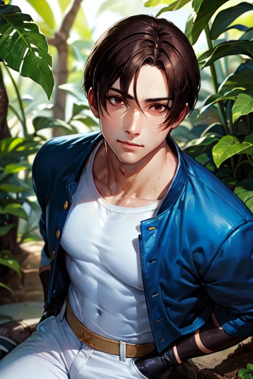 Orochikyo, 1 chico, Alone, (Blue jacket:1.3), blue gloves, Gloves without fingers, White T-shirt, (((sale:1))), ((blue pants:1.3)), sneakers, session, Brown eyes, portrait, elegant, charming, Masterpiece, high resolution, detailed face,detailed eyes, jungle , jungle