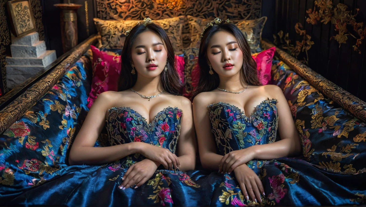 In a striking 8K HDR scene, a stunning Korean woman, 22 years old, lies peacefully in a black coffin surrounded by plush pillows. The deep box is set against a rich black background, accentuating the beauty of the subject. Her exquisite deep-V neckline kebaya attire is embroidered with superb detail, showcasing her round and firm breasts, perfect cleavage, and beautiful eyebrows. Her closed eyes and mouth give an air of serenity, while her visible and absolute cleavage leave nothing to imagination. The scene is bathed in saturated colors, highlighting every intricate aspect from the ball skirt to her clean face, straight body, detailed hand perfect hands, straight body, own hands together, own hand on stomach, detailed hands, perfect hands.