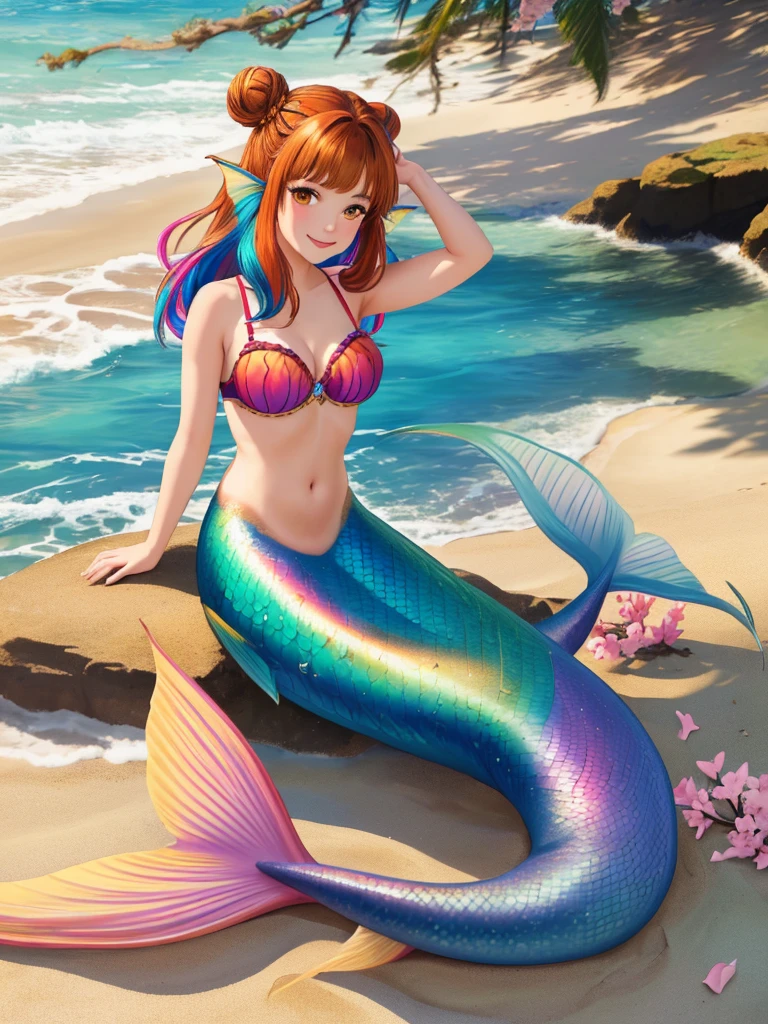 masterpiece, best quality:1.2), 1girl, smile, looking at viewer, brown hair in one bun with hair sticks, golden eyes, multicolored hair, mermaid, multicolored golden mermaid tail, laying on beach, fin ears, head fins, seashell bra, under cherry blossoms