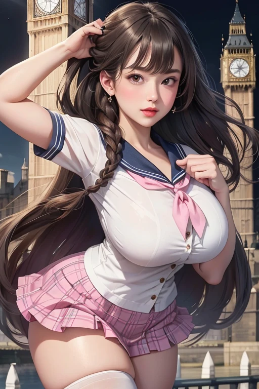 (((Full and soft breasts,)))(((Huge breasts))) (((Cleavage))) (Perfect curvy figure)(best quality:1.4)、high resolution、Detailed background)、(Detailed beautiful face:1.4)、Detailed facial expressions、Anatomically correct、Beautiful smooth skin、Texture、Professional lighting、Beautiful girl、(Huge breasts:1.3)、Lovely hair color、Brown hair、Braided Bob、braided ponytails、Practical、Perfect body lines、Thick thighs、Attractive big ass、Lovely gesture、Lovely、Sexual Expression、Emphasizes the female silhouette，Make your body lines look beautiful、sexual buttocks、Sexy sailor suit、White sailor collar、Tartan pleated mini skirt、White knee socks、Pink lace、very good、Undeveloped、I can see my.、Show Night Vision Toulming、
Big Ben、The Tower of London、British Museum、Buckingham Palace
