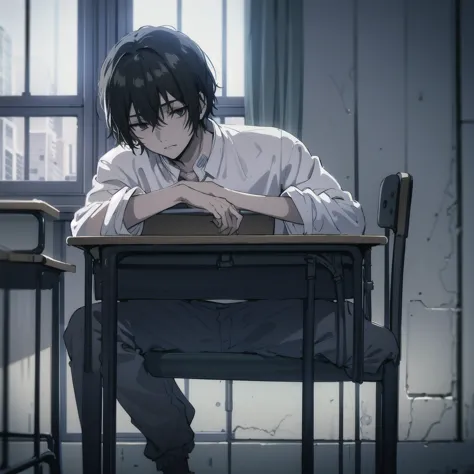 ((best quality)), ((masterpiece)), (detailed), boy, high , bored look, blank look, disinterested look, resting on desk, school c...
