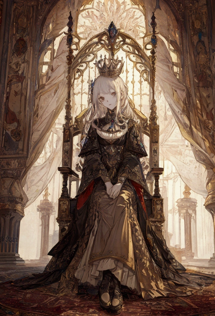 ((masterpiece)), (Highest quality), Official Art, Highly detailed CG, unity 8k wallpaper, Super detailed, View from below、
Highly detailed full body glamour photos by rpgroyalty, Sitting on the throne, Crown, jewelry, tiara, elegant, 
palace, Stained glass, Depth of written boundary, Blurred Background, light, 
 