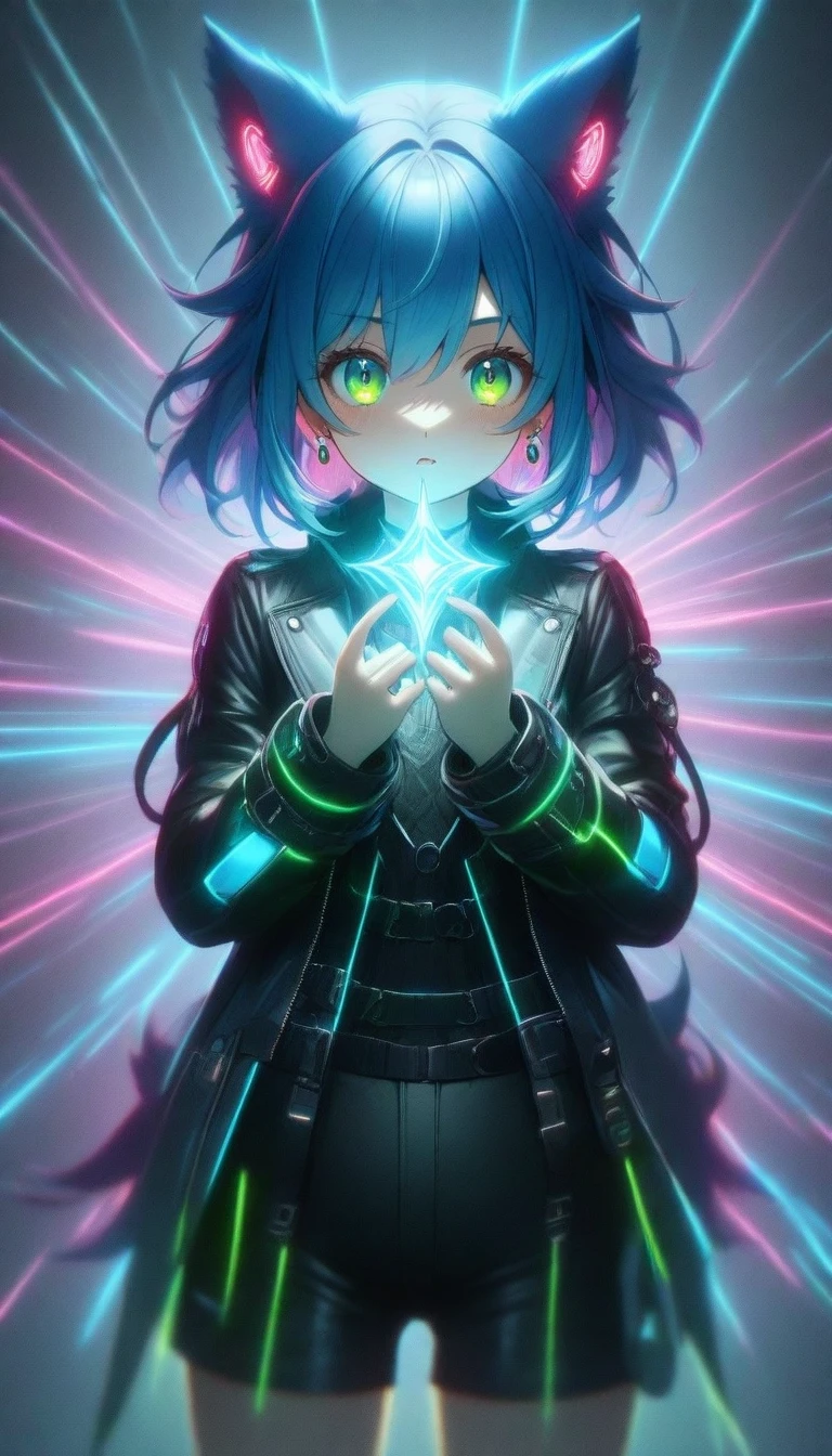 A girl with blue hair shining green eyes shining with little wolf ears with earrings and hoops with a black and fluorescent jacket shining 